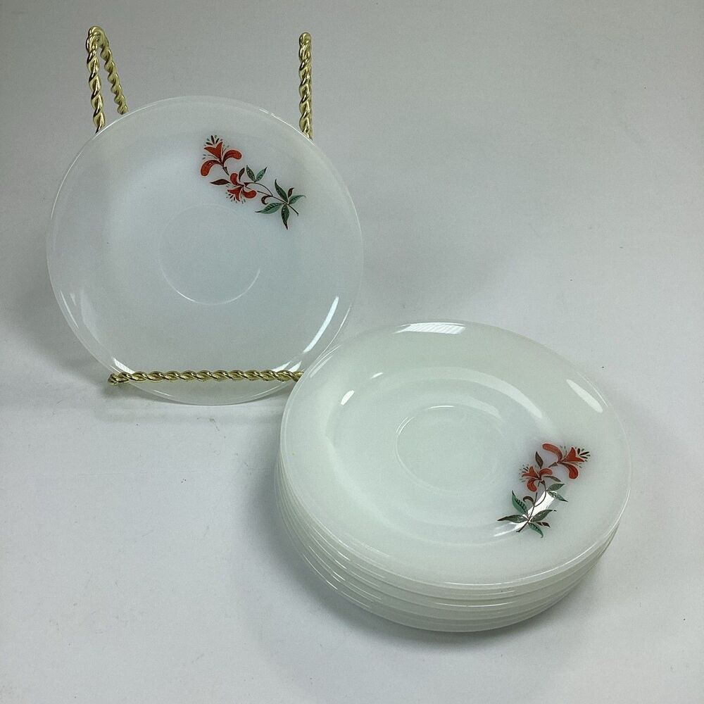 Vtg Fire King Red Honeysuckle Saucer Milk Glass Red Floral Lot Of 7
